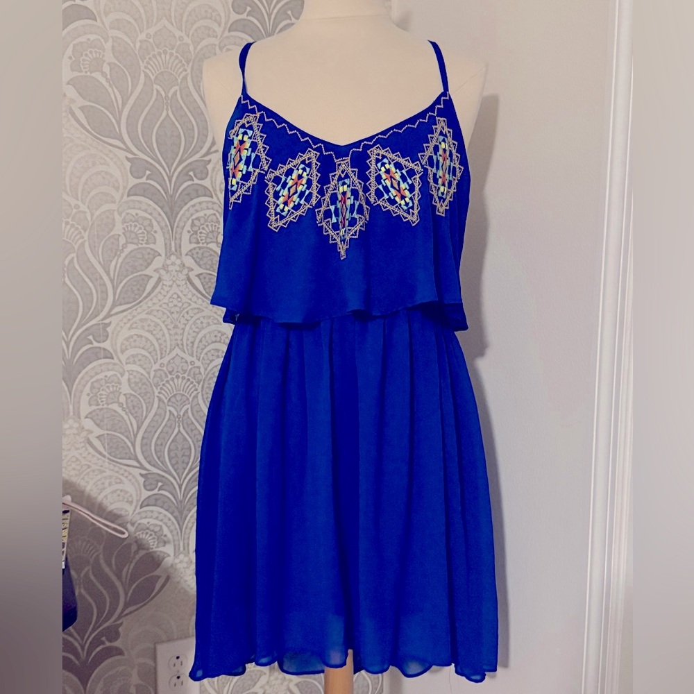 Sequin Hearts Vibrant Blue Embroidered Dress with Ruffle and longer back size L